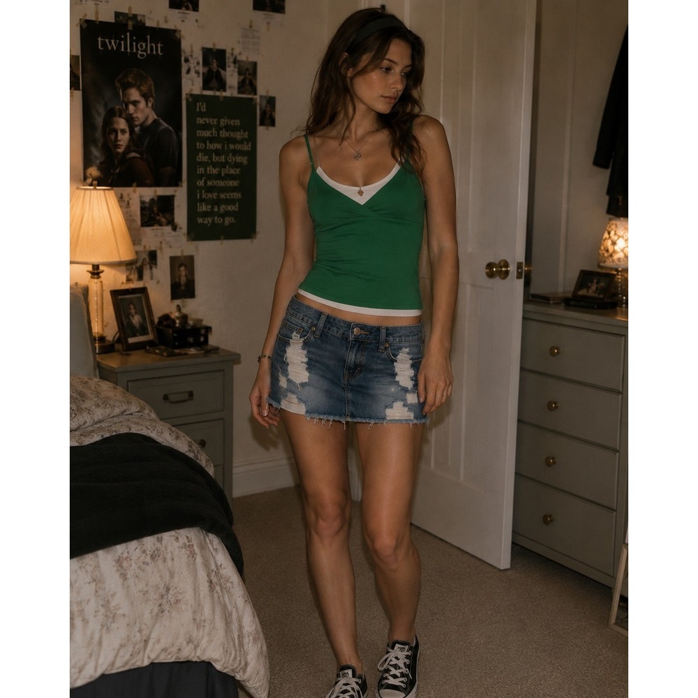 Y2K Energie Cami Tank Top XL Green White Faux Layer Bella Swan Twilight Core